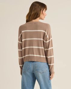 The cozy striped sweater you've been waiting for! Relaxed, slightly cropped fit with drop shoulders and chic ribbed trim. Made from breathable 100% cotton for year-round wear. | Sienna Stripe Sweater for Women in Latte, Size Medium by Z Supply from Wantable Sweater Season, Dare To Be Different, Knit Texture, Walk On The Wild Side, Chic Sweaters, Sweater For Women, Take A Walk, Soft Classic, Bold Stripes