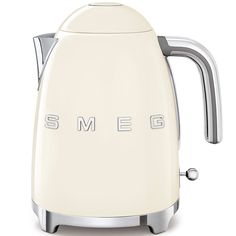 an old cream colored toaster with the word smeg on it