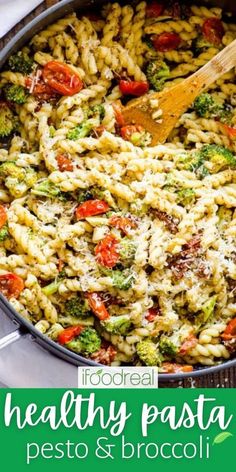 pasta with pesto and broccoli in a skillet