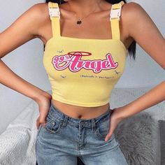 Yellow Angel Crop Top Be the sweetest angel in town with our kawaii Yellow Angel Crop Top! Made from high-quality materials, this top will make you stand out in any crowd. Its bright yellow color will bring a touch of sunshine to your wardrobe, while its crop design will accentuate your figure. Spread joy and cuteness wherever you go with our Yellow Angel Crop Top. Size:• S: Bust: 72-86cm/ 28.3-33.9 in, Length: 25cm/ 9.8 in• M: Bust: 76-90cm/ 29.9-35.4 in, Length: 26cm/ 10.2 in• L: Bust: 80-94cm/ 31.5-37.0 in, Length: 27cm/ 10.6 inMaterial: Cotton, Polyester Buckle Crop Top, Angel Crop Top, Cute Y2k Outfits, Crop Top Men, Y2k Outfits Aesthetic, Yellow Y2k, Chiffon Beach Dress, Yellow Vest, Womens Summer Shorts