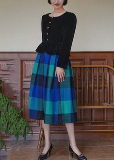 Unique Blue High Waist Plaid Wool Pleated Skirt SpringFabric: Wool BlendedSize & Fit: This garment fits true to size.Length: Size S measures 29.64"from waist to hem.Waist:Fitted - very fitted at natural waist Hip: Loosely Fitted. room for hips. Hand Wash Cold. Velvet Pleated Skirt, Spring Fabric, Wool Plaid, Dress Jewelry, Wool Fabric, Black Print, Elegant Fashion, Pleated Skirt, A Line Skirts