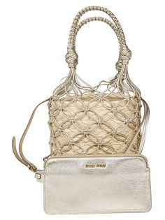 Woven Bucket Bag from Miu Miu Designer Gold Bucket Bag With Detachable Handle, Evening Beige Bucket Bag With Braided Handles, Designer Gold Bucket Bag For Shopping, Chic Miu Miu Shoulder Bag With Detachable Handle, Designer Miu Miu Bags With Gold-tone Hardware, Designer Miu Miu Shoulder Bag With Gold-tone Hardware, Modern Miu Miu Shoulder Bag With Removable Pouch, Elegant Bucket Bag With Braided Handles, Elegant Miu Miu Shoulder Bag For Evening