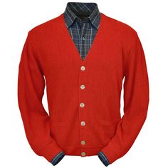 Baby Alpaca 'Links Stitch' V-Neck Cardigan Sweater in Red by Peru Unlimited Golf Sweater, Alpaca Cardigan, Merino Sheep, Golf Sweaters, Merino Sweater, Perfect Golf, Alpaca Fiber, Alpaca Sweater, Merino Wool Cardigan