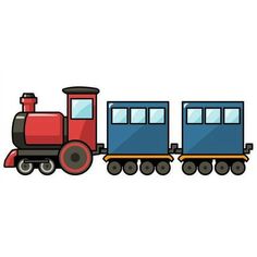 a red and blue train engine with three cars on the front is shown in this image