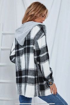 Plaid button drawstring hooded jacket*please note: flannel labeled as teal is more of an indigo tone Plaid Winter Jacket, Woolen Coat Woman, Dirndl Outfit, Plaid Hoodie, Bandeau Tops, Flannel Jacket, Plaid Coat, Long Sleeve Flannel, Plaid Flannel Shirt