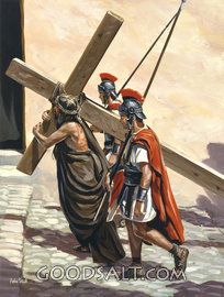 the crucifix is being carried by two men