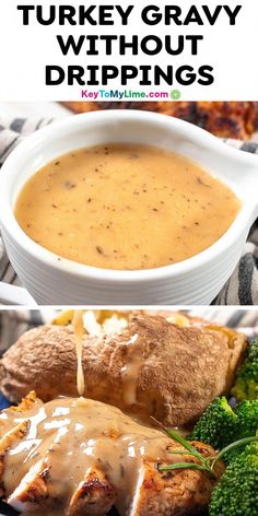 turkey gravy without dippings in a bowl with broccoli and bread