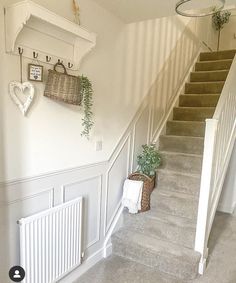 there is a plant on the wall next to the stairs in this house with white walls and gray carpet