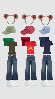 four different outfits with ears on top and one in the middle, including a t - shirt