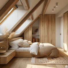 an attic bedroom with wooden walls and flooring