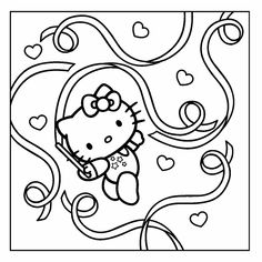 the hello kitty coloring page is shown in black and white, with hearts on it