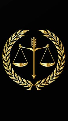 the scales of justice and an arrow in gold on a black background with laurel wreath