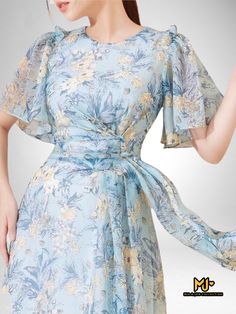 Fabric: Silk chiffon, no stretch, cool, sweat-absorbent Care: Hand wash cold recommended, no bleach, hang dry SIZE: Small: Bust< 32" // Waist< 25" // Length 44" Ngực < 82 cm // Eo < 64 cm // Dài 112 cm Medium: Bust Spring Printed Fitted Chiffon Dress, Spring Fitted Printed Chiffon Dress, Flowy Short Sleeve Chiffon Dress For Spring, Flowy Chiffon Dress With Short Sleeves For Spring, Fitted Printed Chiffon Summer Dress, Summer Printed Fitted Chiffon Dress, Summer Fitted Printed Chiffon Dress, Blue Short Sleeve Casual Chiffon Dress, Casual Blue Chiffon Short Sleeve Dress