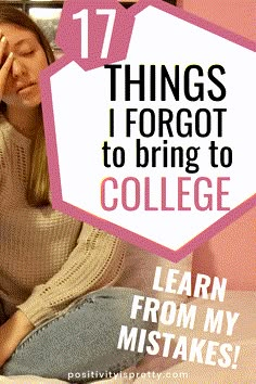 a woman sitting on top of a bed holding her hand up to her face with the words 17 things i forgot to bring to college