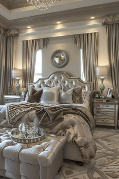 a large bed sitting in a bedroom next to a chandelier and window covered with curtains