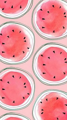 watermelon slices are arranged in rows on a pink background, with black dots