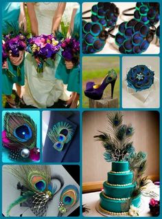 peacock feathers and purple flowers are on display in this collage, with the bride's shoes