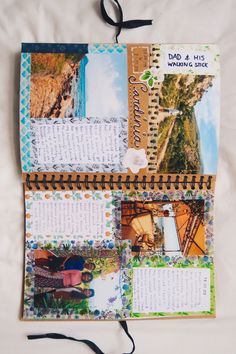 an open notebook with pictures and writing on it