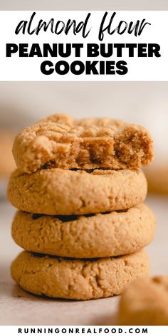 three peanut butter cookies stacked on top of each other with the words, almond flour peanut butter cookies