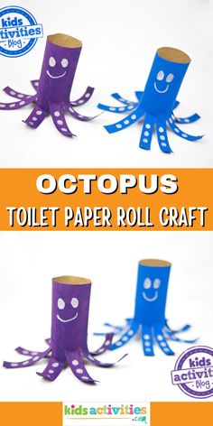 an octopus toilet paper roll craft is shown with the words octopus on it and two pictures of