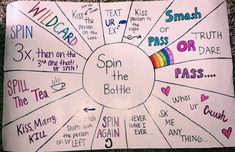 a white sign with words written on it that say, spin the rainbow or kiss the button