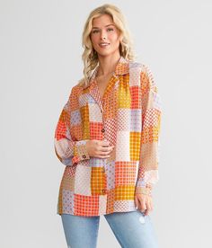 Willow & Root Patchwork Blouse - Yellow/Orange Small, Women's Multi Woven button down blouse Bust measures 44 on size small Body length 26 3/4 on size small. 100% Polyester. Machine wash cold with like colors gentle cycle. Do not bleach. Tumble dry low. Cool iron if needed.. Measurements: Bust -Fullest part of bust with arms at sides. Waist -Circumference of natural waist: above belly button below rib cage. Hips -Standing with feet together fullest part of hips. WOMEN'S TOP SIZE CONVERSION CHART Cheap Yellow Patchwork Blouse, Summer Yellow Patchwork Blouse, Cotton Patchwork V-neck Blouse, Vibrant V-neck Multicolor Print Blouse, Multicolor Abstract Print V-neck Blouse, Patch Work Blouse, Rib Cage, Tumble Dryer, Blouses For Women