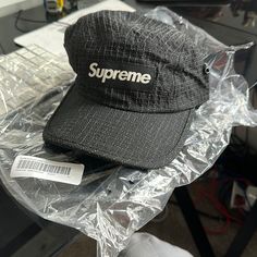 Supreme Glow Ripstop Camp Cap New With Barcode And Original Packaging Black Windproof Sporty Hats, Black Sporty Windproof Hats, Sporty Windproof Black Hat, Sporty Black Windproof Hats, Adjustable Windproof Black Baseball Cap, Black Visor Hat For Outdoor, Black Outdoor Hat With Visor, Black Baseball Cap For Camping, Functional Black Hats For Outdoor