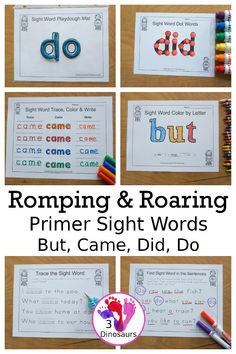 four different pictures with the words romping and roating in them, but came did do