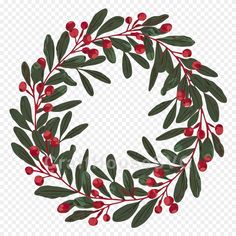 a christmas wreath with red berries and green leaves on transparent background png clipart