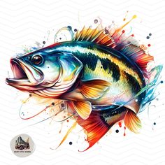 a colorful fish with its mouth open and watercolor splatters on it's body