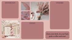 a pink poster with pictures of flowers and other things