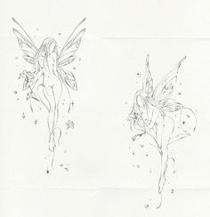 two drawings of the same fairy on paper