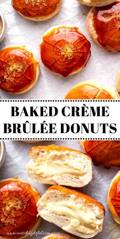 baked creme brule donuts with oranges in the background and text overlay that says baked creme brule donuts