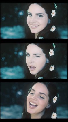 four different pictures of a woman with flowers in her hair and smiling at the camera