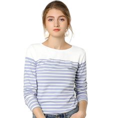 This contrast stripe T-shirt is a classic style for daily life. This piece is contrasted with a color block to fulfill your style statement from a boring all-over stripe top. It's cut from soft fabric that makes you feel comfortable day to night. These casual striped t-shirts match jeans, pants, skirts, or leggings freely, and they are perfect for daily wearing. Womens Christmas Shirts, Casual Stripes, Round Neck Tops, Striped Blouse, Chic Woman, Woman Colour, Neck T Shirt, Color Block, Casual Style