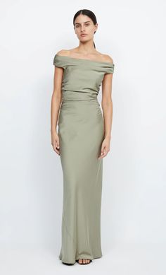 ETERNITY OFF SHOULDER MAXI - SAGE – BEC + BRIDGE US Off-shoulder Satin Dress With Bias Cut, Elegant Off-shoulder Beige Maxi Dress, Luxury Satin Off-shoulder Maxi Dress, Luxury Pre-draped Off-shoulder Maxi Dress, Strapless Satin Bias-cut Maxi Dress, Off Shoulder Maxi Dress, Bec Bridge, Prom Dress Shopping, Cinched Waist