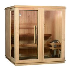 a wooden sauna with glass doors and shelves