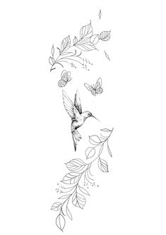 a bird flying through the air with leaves and butterflies around its neck, on a white background