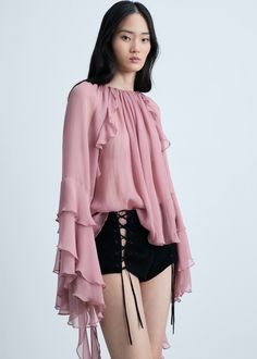 Ruffled chiffon blouse  - Woman | MANGO USA Light Pastel Pink, Chiffon Blouses, Ruffle Long Sleeve, Flowy Blouse, Chiffon Ruffle, Gauze Fabric, Fashion People, Chiffon Blouse, Ruffle Top