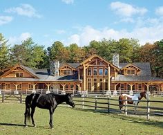 two horses standing in front of a large log house