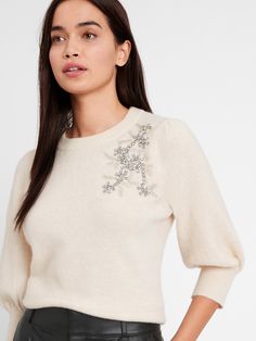 Embellished Sweater Diy, Styles For Living Room, Sweater Diy, I Fall To Pieces, Embellished Sweater, Sweater Cropped, Puff Sleeve Sweater, Sweater Wool, High Waist Fashion