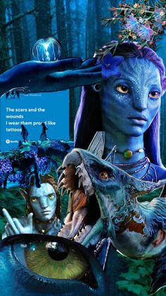 an image of a woman with blue hair and makeup in the woods, surrounded by monsters