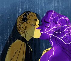 two people are kissing in the rain with purple hair and lightning coming from behind them