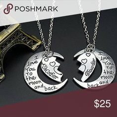 Eternal Mother+Daughter Necklace Set Half Heart Mother & Daughter Half Heart I Love You To The Moon And Back Charm Necklace Set   Includes both necklaces shown  Remind your daughter that she will always have your love and support with this word  Charms are made of Alloy and stainless steel.  Moon charm measures 1" long  Link chain measures 18" long and has a lobster clasp closure  Ships in a gift bag perfect for giving  Handmade with quality charm rings to prevent against charm lo Jewelry Neckla Half Heart Necklace, Mom Daughter Necklace, Mother Daughter Necklaces Set, Mother To Daughter, Hello Kitty Earrings, Half Heart, Mother Daughter Necklace, Necklace Quotes, Quartz Crystal Pendant