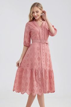 Charm comes effortlessly in a cute look like the Vacation Romance Eyelet Midi Dress! Lightweight and soft cotton blend fabric, with pierced eyelet embroidery throughout, that creates a flirty V-neckline with stand collar and half sleeves with elastic at the cuffs. A functional button placket starts at the darted bodice and continues down the A-line silhouette before ending at a midi-length hem. A matching belt at the hight waist for a cute cinched look! Cotton Blend. Partially Lined. Runs a bit Vacation Romance, Eyelet Midi Dress, Embellished Maxi Dress, Eyelet Embroidery, Maxi Dress Sale, Dress Dusty, Backless Maxi Dresses, Crop Top Blouse, Cutout Dress