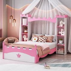 a pink and white bedroom with a canopy bed