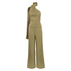 Elevate your style with our chic jumpsuit featuring an elegant draped scarf detail. This modern asymmetrical one-piece with an open back and slightly flared leg offers a sleek and polished look. Perfect for any dressy occasion whilst looking effortlessly sophisticated. Do not wash. Do not bleach. Low Iron. Dry clean only. Luxury Floor-length Fitted Jumpsuits And Rompers, Jumpsuit Outfit Elegant, Chic Fitted Wide-leg Jumpsuit, Elegant Silk V-neck Jumpsuits And Rompers, Elegant Silk V-neck Jumpsuit, Luxury V-neck Fitted Jumpsuit, Solid Color Jumpsuits, Dressy Casual Outfits, Jumpsuit Chic