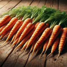 a group of carrots sitting on top of a wooden table next to each other