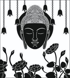 a black and white drawing of a buddha face surrounded by flowers with bells hanging from the ceiling