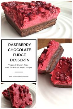 raspberry chocolate fudge desserts on a white plate with text overlay